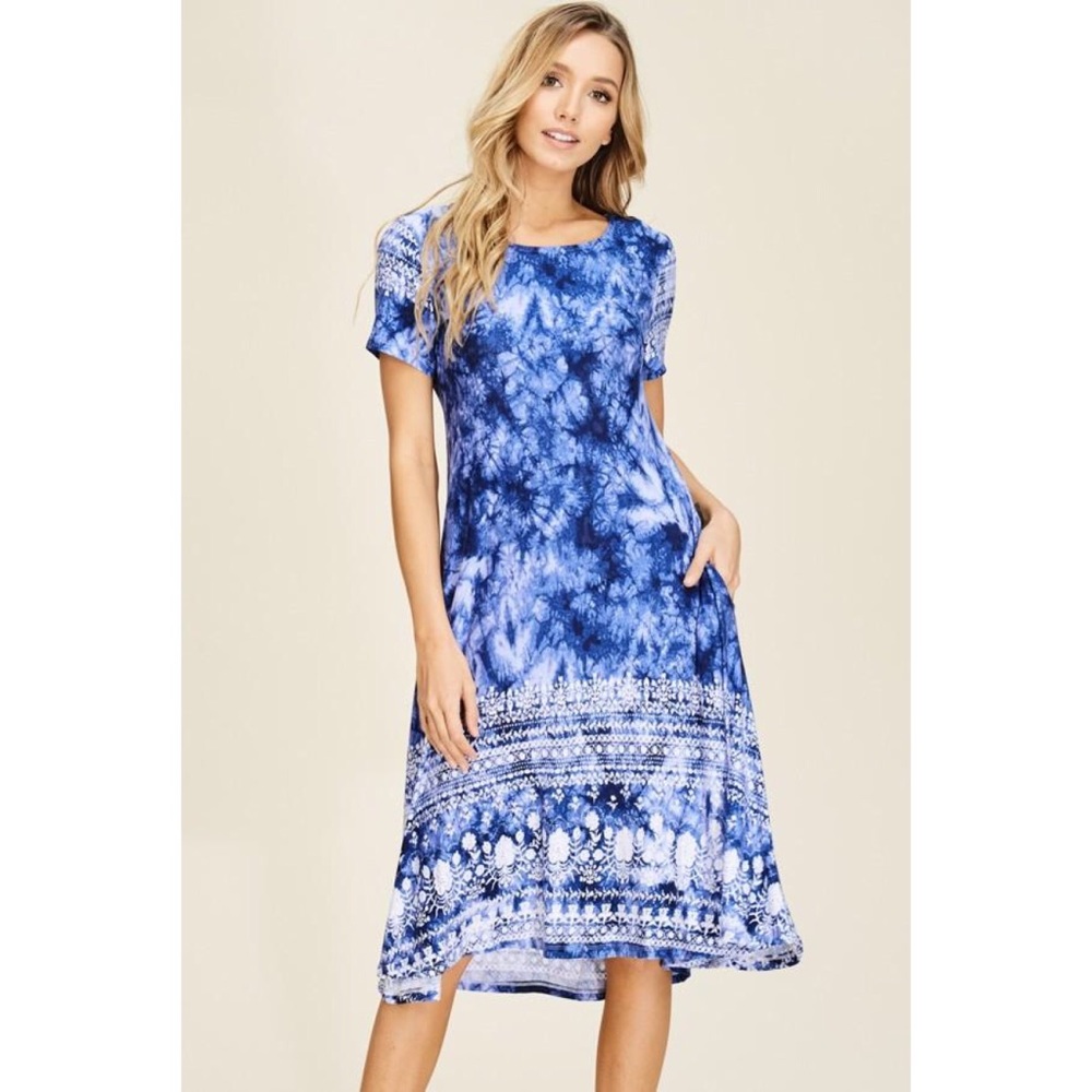 Blue Tie Dye Short Sleeve Midi Dress